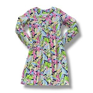 IBKUL Womens Long Sleeve Tropical Floral V-Neck Sun Protection Dress Blue Pink S